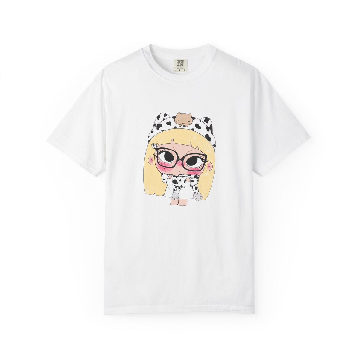 Cute Cartoon Blonde Girl in Cow Print T-Shirt