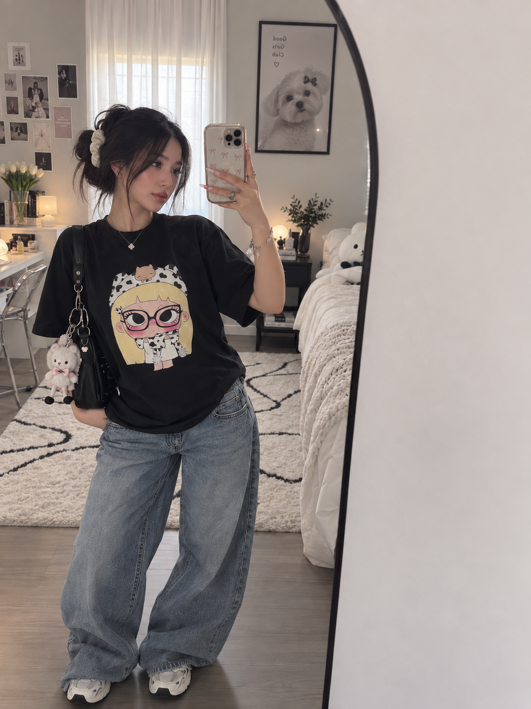 Cute Cartoon Blonde Girl in Cow Print T-Shirt