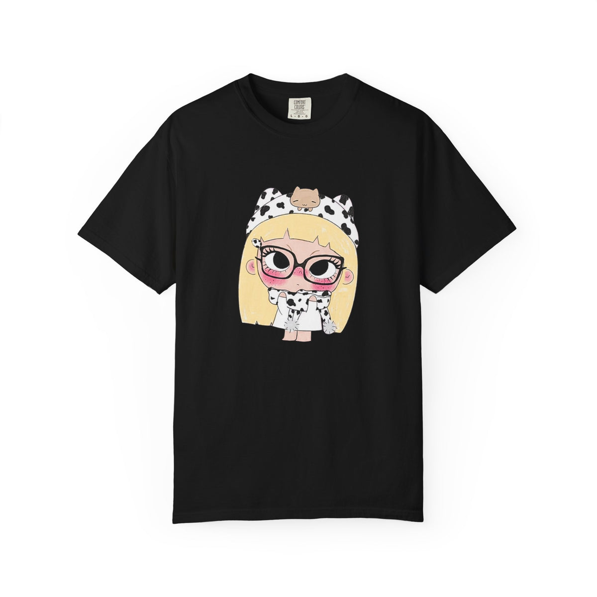 Cute Cartoon Blonde Girl in Cow Print T-Shirt