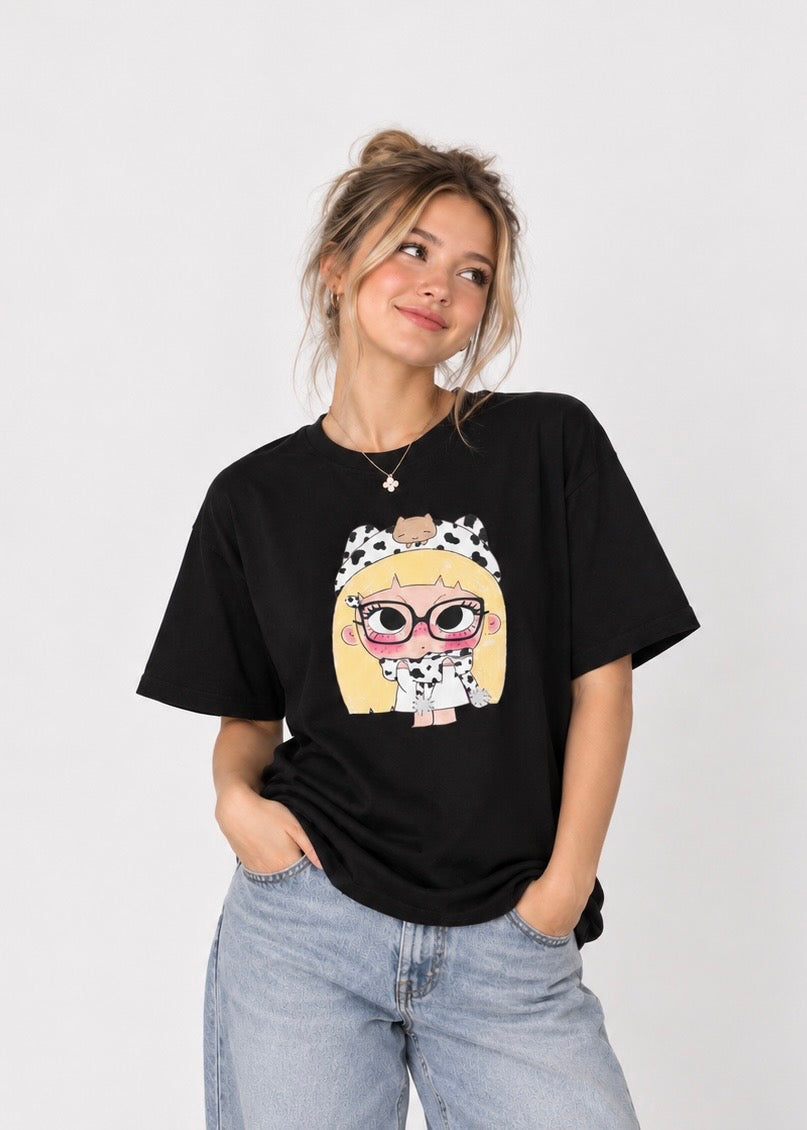 Cute Cartoon Blonde Girl in Cow Print T-Shirt