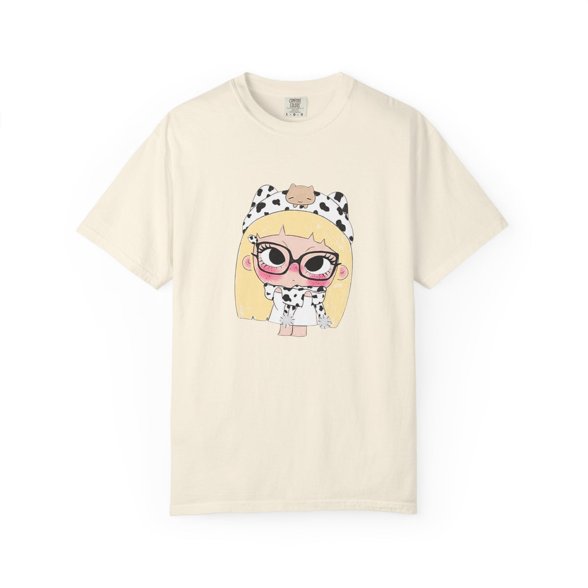 Cute Cartoon Blonde Girl in Cow Print T-Shirt