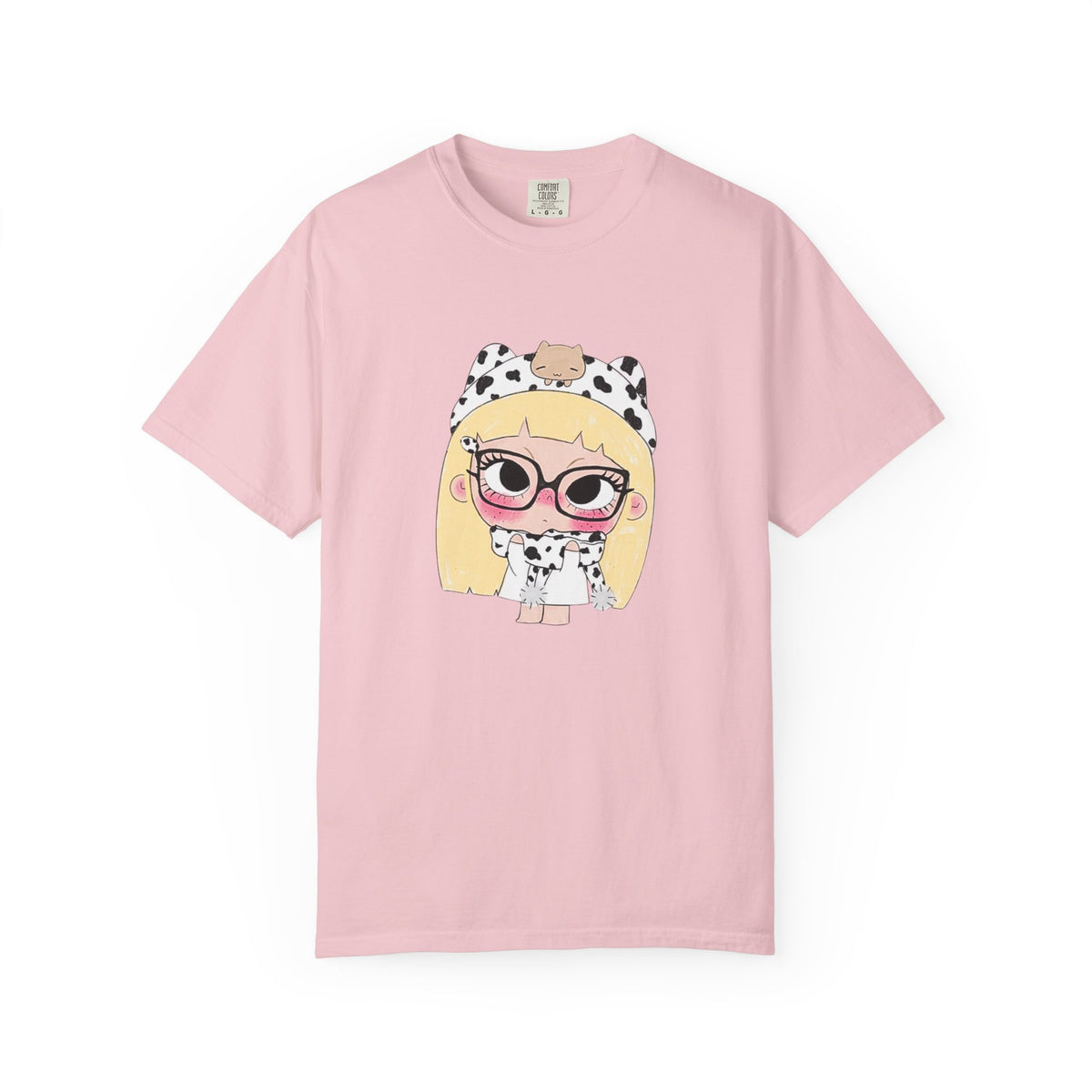 Cute Cartoon Blonde Girl in Cow Print T-Shirt