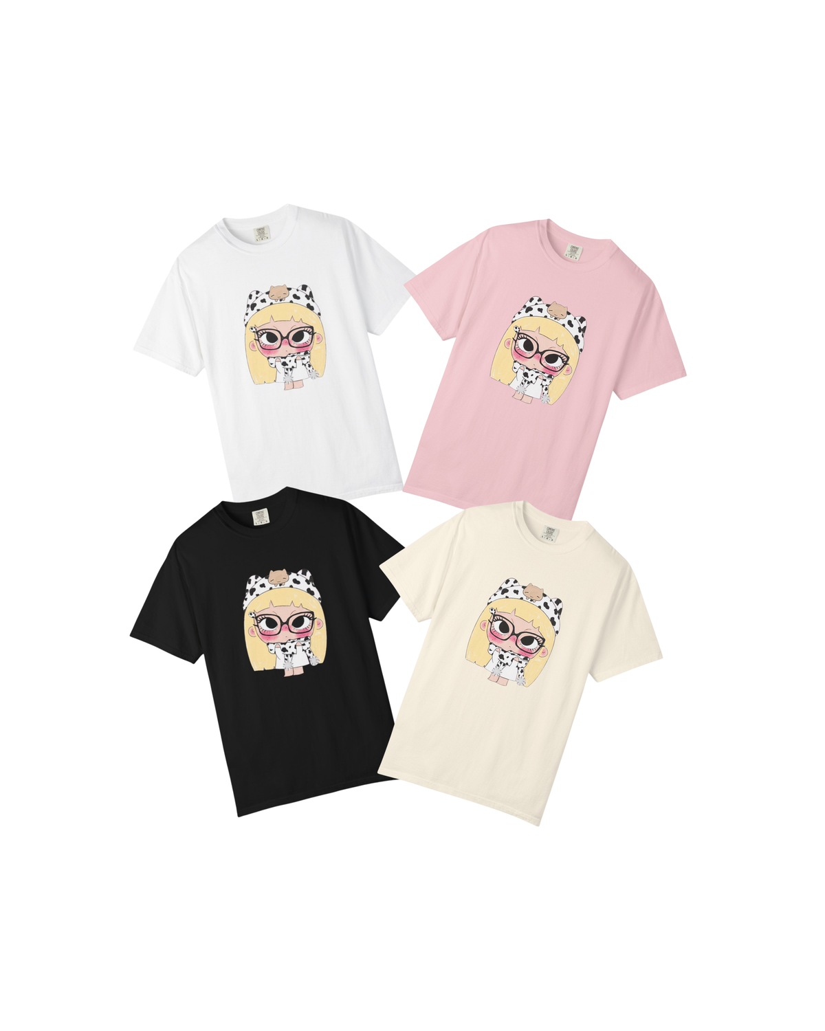 Cute Cartoon Blonde Girl in Cow Print T-Shirt